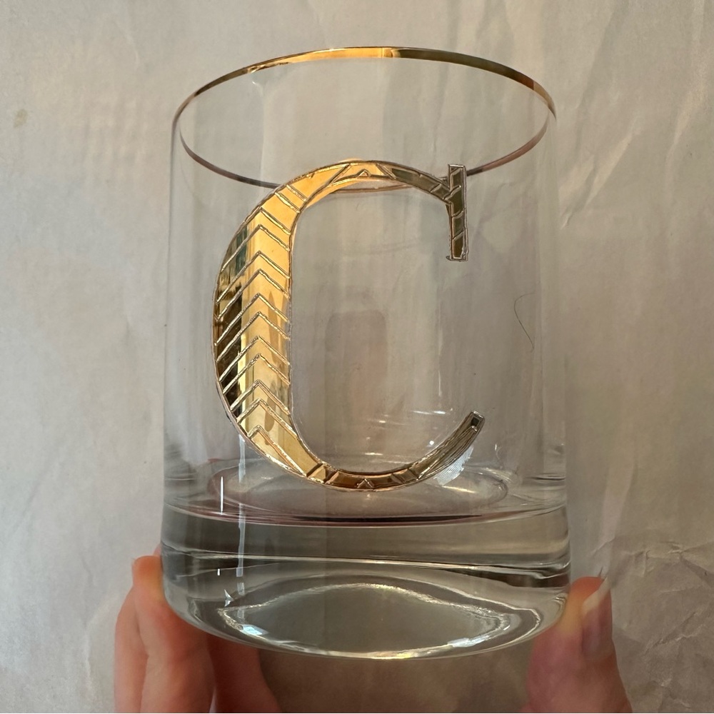 Anthropologie Gold Monogrammed Double Old Fashioned Glasses “C” Set of 2